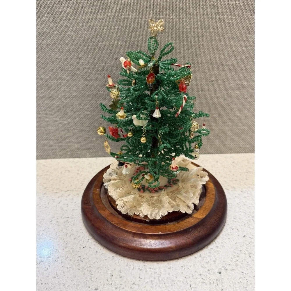 Vintage Westrim Beaded Christmas Tree Ornaments Wood Base No Glass Dome 6
